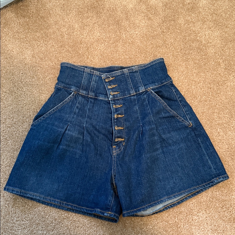 Veronica Beard Dark Blue High-Waist Button-Front Denim Shorts